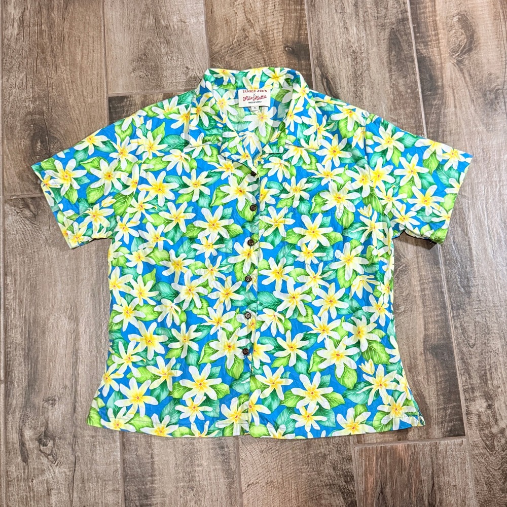 Trader Joes‎ x Hilo Hattie Women's Hawaiian Plumeria Camp Shirt,Blue Multi, XL
